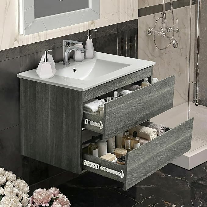 24 Inch Floating Bathroom Vanity with Sink, Modern Wall Mounted Small Bathroom Vanity, 2 Drawer Bathroom Sink Cabinet with Ceramic Sink, Soft Close Slides, Grey