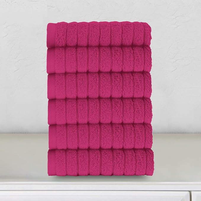Elegant Comfort 100% Turkish Cotton Corduroy Ribbed Luxury Washcloths 6 Pack Soft 13 x 13 Inch - Higly Absorbent, Durable, Quick Dry, Spa Premium Hotel Quality for Bathroom or Travel, Hot Pink