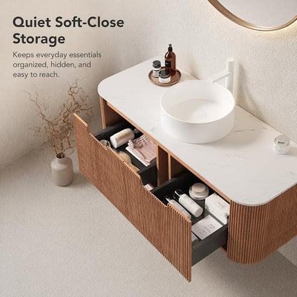 48 Inch Bathroom Vanity with Sink, Floating Wall Mounted Single Sink Vanity, Natural Woodgrain Curved Fluted Front, Stone Top, Pure White Round Vessel Basin, Pre-Assembled