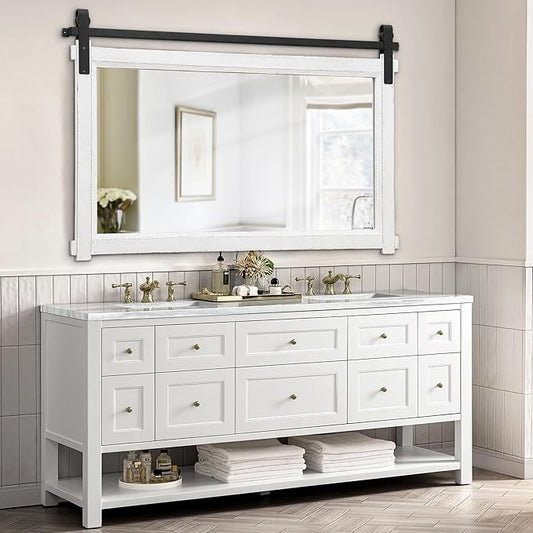 Besdomus Large Bathroom Farmhouse Mirror: 42"x28" White Barn Door Farmhouse Solid Cedar Wood Frame - Rustic Wall Mounted Mirror for Entryway/Living Room/Bathroom Redo - Home Decor for Housewife