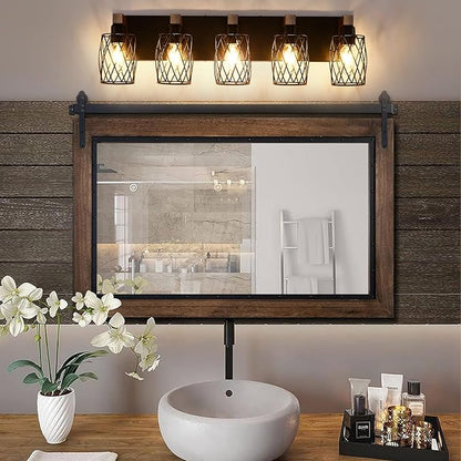 5-Light Farmhouse Bathroom Vanity Light, Wood Bathroom Lighting Fixtures Over Mirror, Black Vanity Light Fixtures with Cage Metal Shade, Rustic Bathroom Light with E26 Base