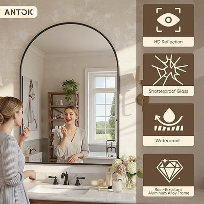Antok Arched Bathroom Mirror, 20"x30" Wall Mounted Mirror, Vanity Mirrors for Over Sink, Aluminum Alloy Frame Bathroom Mirrors Living Room, Bedroom and Entryway, Black