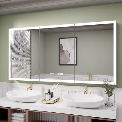 Recessed Medicine Cabinet with Mirror 48 x 30 Inch Led Medicine Cabinet for Bathroom Wall Mount Lighted Medicine Cabinet with Storage, 3 Colour Lights Dimmable Defog, Time/Temp Display