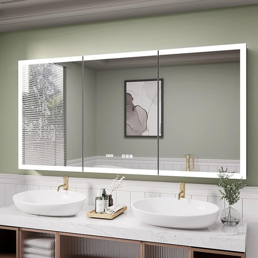 Recessed Medicine Cabinet with Mirror 48 x 30 Inch Led Medicine Cabinet for Bathroom Wall Mount Lighted Medicine Cabinet with Storage, 3 Colour Lights Dimmable Defog, Time/Temp Display
