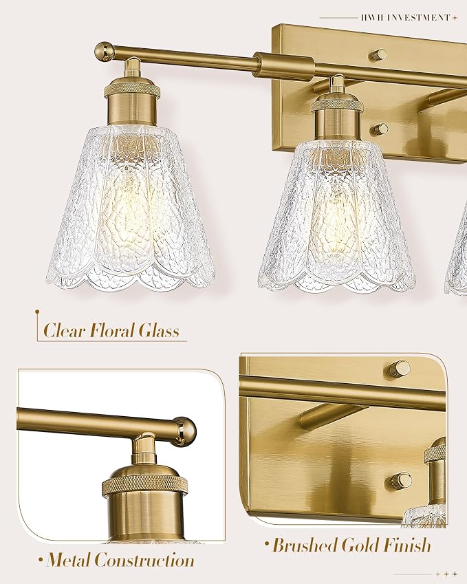 HWH 4-Light Bathroom Light Fixture, Clear Floral Glass, 5HJX110B-4W BG | Brushed Gold Finish, Modern, 27 Inch Vanity Lights Over Mirror, Sconce Wall Lighting for Bedroom, E26 Base For Common Bulbs