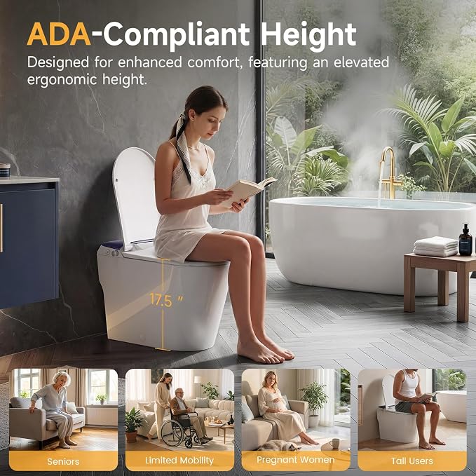 Non-Electric Bidet Toilet, One Piece Elongated Smart Toilet with Air Pressure-Assisted Flush, ADA Comfort Height, Foot Kick & Side Button Flush, 1.0 GPF, 12" Rough-In