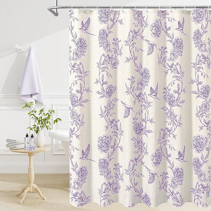 MitoVilla Purple Farmhouse Shower Curtain Set, Cotton Floral Hummingbird Cottagecore Spring Shower Curtains for Bathroom, Modern Country Bathroom Décor, 72" W x 72" L