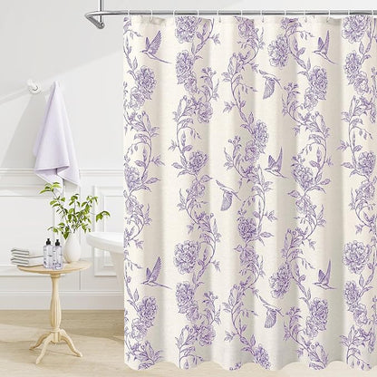 MitoVilla Purple Farmhouse Shower Curtain Set, Cotton Floral Hummingbird Cottagecore Spring Shower Curtains for Bathroom, Modern Country Bathroom Décor, 72" W x 72" L