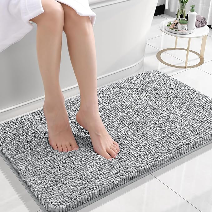 OLANLY Small Bathroom Rugs 24x16, Extra Soft Absorbent Chenille Bath Rugs | Light Grey, Quick-Drying Rubber Backing, Machine Washable Bath Mat for Bathroom Floor, Tub and Shower, Home Decor Accessories