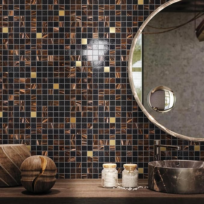 11.5 sq.ft Black Brown Glass Mosaic Tile for Bathroom, Pool, Backsplash | Waterproof Wall & Floor Tile. Heat & frost resistant outdoors. Mesh-mounted easy install. Use any grout. Easy clean. 10pcs.
