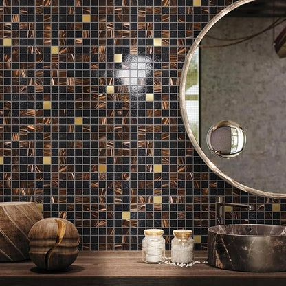 11.5 sq.ft Black Brown Glass Mosaic Tile for Bathroom, Pool, Backsplash | Waterproof Wall & Floor Tile. Heat & frost resistant outdoors. Mesh-mounted easy install. Use any grout. Easy clean. 10pcs.