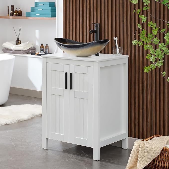 UEV White 24" Bathroom Vanity with Sink,Modern Freestanding Sink Cabinet,Stylish Bathroom Vanity Cabinet,Grooved Double Doors,Metal Handles,Modern Champagne Boat Tempered Glass Vessel Sink(029CH)