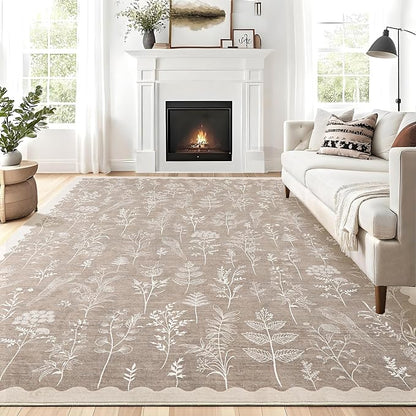 GarveeHome Washable 9x12 Area Rugs for Living Room Scalloped Floral Bedroom Rug, Non-Slip Stain Resistant Dining Table Carpet, Botanical Large Rug Neutral Carpet for Farmhouse Dorm Home Office, Taupe