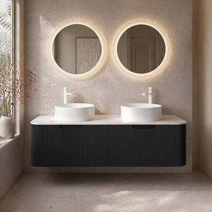 60 Inch Double Sink Bathroom Vanity, Floating Wall Mounted Cabinet, Black Curved Fluted Front, Stone Top, Dual Pure White Round Vessel Basins, Pre-Assembled