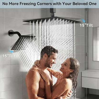 Shower Systems Shower Faucet Sets,Bostingner Five Function Diverter Dual Head Shower Set,12'' Ceiling Mount and 6’‘ Wall Mount Rainfall Shower System with 2 in 1 Handheld Spray Matte Black