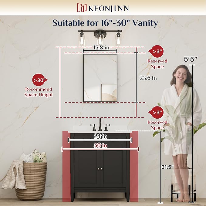 Keonjinn 16x24 Inch Black Bathroom Mirror for Over Sink, Rectangular | HD Tempered Glass, Vanity Mirror, Brushed Framed, Square Corner, Modern Farmhouse, Wall Mounted Mirrors, Aluminum Alloy