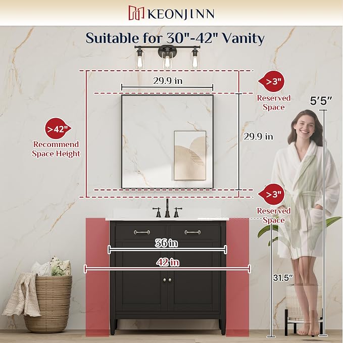 Keonjinn 30x30 Inch Brushed Nickel Bathroom Mirror for Over Sink, Rectangle | HD Tempered Glass, Vanity Mirror, Brushed Framed, Square Corner, Modern Farmhouse, Wall Mounted Mirrors, Aluminum Alloy