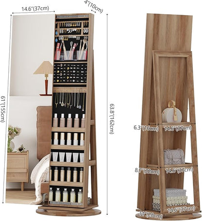 LVSOMT Standing Jewelry Cabinet with Sliding Full Length Mirror, Wood | 360° Swivel Mirror with Jewelry Storage, Lockable Jewelry Armoire Organizer with 3 Rear Shelves for Bedroom, Gift for Women