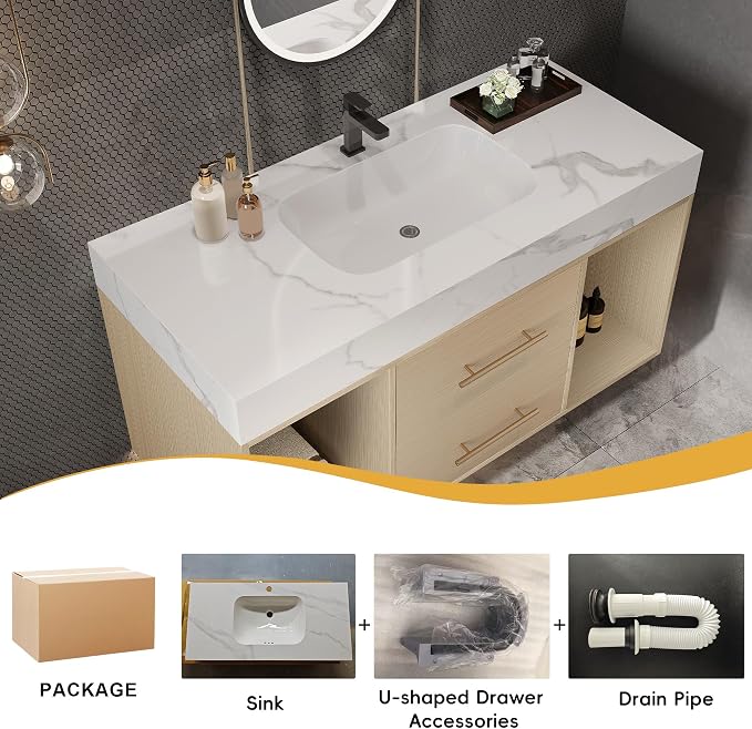 KEIKI 39.4" Bathroom Vanity with Undermount Sink Combo, Modern Floating Vanity Cabinet with 2 Drawers & Open Side Shelves, Storage Wall Mounted Cabinet for Small Space, Apricot‌