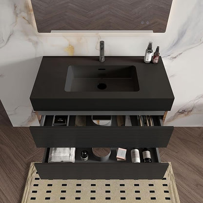 36 Inch Bathroom Vanity with Black Sink, Floating Bathroom Cabinet with 2 Soft-Closing Drawers, Large Storage for Powder Room, Apartment, Hotel, Walnut+Black, Fir Collection