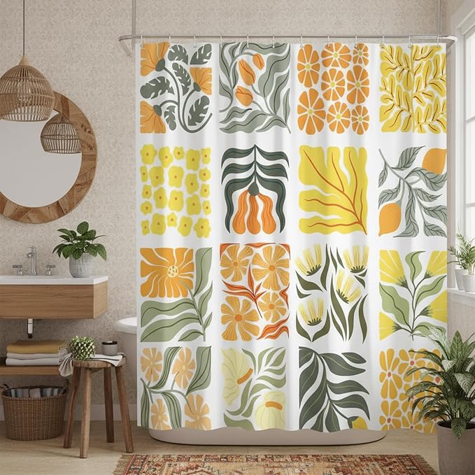 JAWO Cute Boho Floral Shower Curtain, Vintage Yellow Abstract Floral Retro Aesthetic Plant Shower Curtain for Bathroom, Funky Unique Waterproof Fabric Polyester Bath Curtains Decor with Hooks,47Wx64H