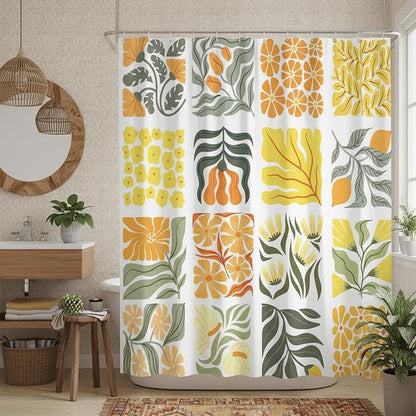 JAWO Cute Boho Floral Shower Curtain, Vintage Yellow Abstract Floral Retro Aesthetic Plant Shower Curtain for Bathroom, Funky Unique Waterproof Fabric Polyester Bath Curtains Decor with Hooks,47Wx64H