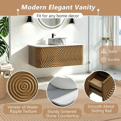 36" Floating Bathroom Vanity with Sink, Mid-Century Wall Mounted Bathroom Vanity Cabinet with Waved Decor, Marble Ceramic Basin, Sintered Stone Top, Soft Close Storage Drawer, Natural