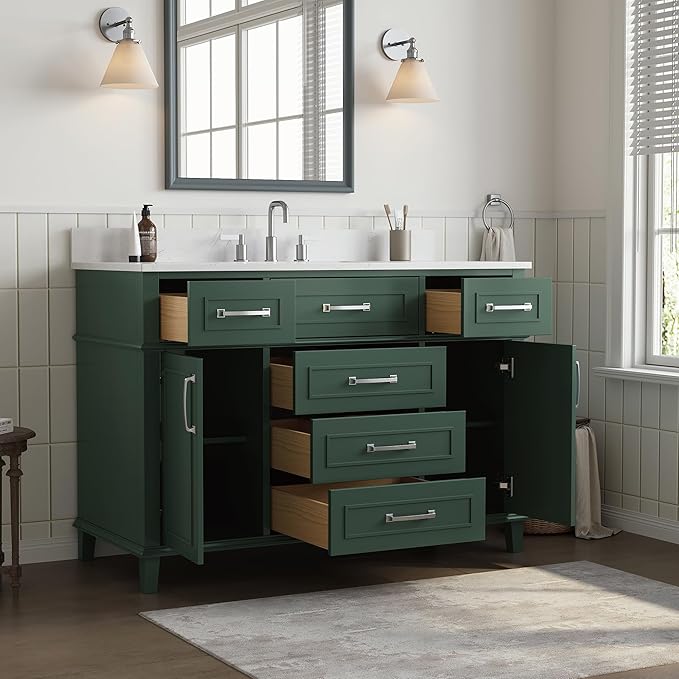 48 Inch Green Bathroom Vanity with Sink, Fully Assembled Bathroom Vanities with Soft Closing Doors & Dovetail Drawers, Solid Wood Vanity Bathroom, 48 Inch Vanity with Sink