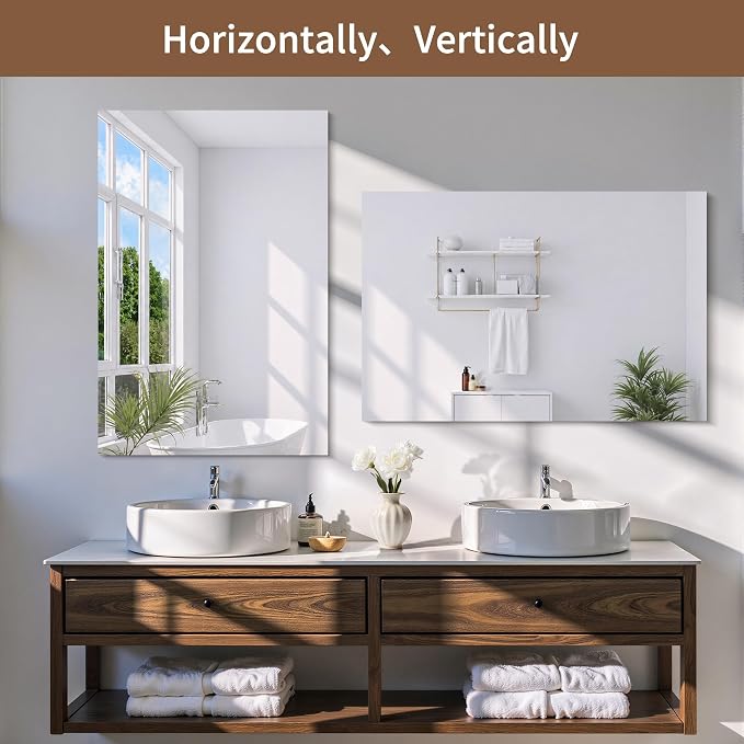 CILIBER 2-Pack 24x36 Inch Frameless Mirrors for Wall, Bathroom Vanity Mirrors with Polished Edge, Rectangle Mirror for Over Sink, Bedroom, Entryway, Horizontal or Vertical, 3mm Tempered Glass