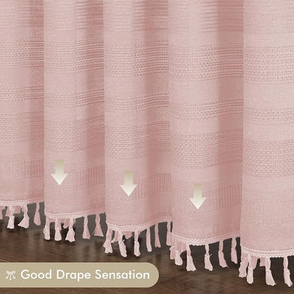 Extra Long Pink Shower Curtain 96 Inch Long, Boho Linen Textured Soft Fabric Heavy Duty Cloth Bathroom Shower Curtain with Tassel, Tall Farmhouse Luxury Bath Decor, 72Wx96L Inches