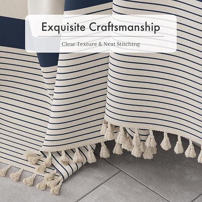AmazerBath Boho Shower Curtain, Modern Farmhouse Shower Curtain Set with Tassels, Rustic Faux Linen Navy Blue Striped Shower Curtain with Hooks, Light Tan Toned, 72x72 Inches