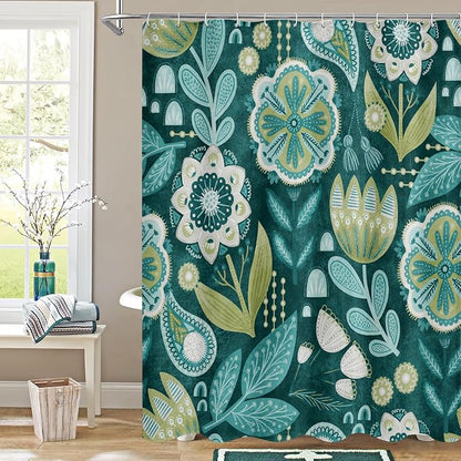 Boho Floral Shower Curtain, Deep Teal Botanical Fabric Curtain, 72 x 78 | Boho Chic Floral, Vintage Botanical, Modern Farmhouse, Eclectic Rustic, Colorful Flowers, Fabric Shower Curtain
