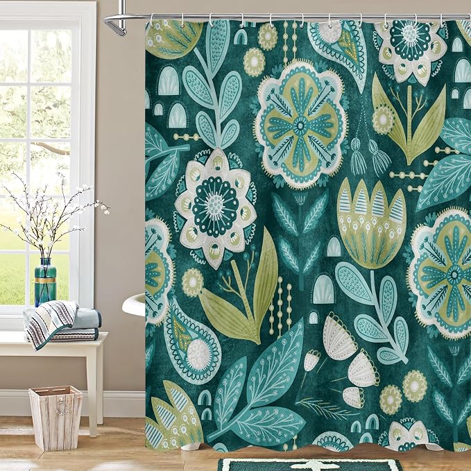 Boho Floral Shower Curtain, Deep Teal Botanical Fabric Curtain, 72 x 84 | Boho Chic Floral, Vintage Botanical, Modern Farmhouse, Eclectic Rustic, Colorful Flowers, Fabric Shower Curtain