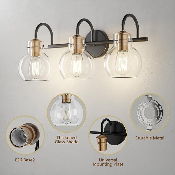 3 Lights Bathroom Vanity Light Fixtures Over Mirror Modern | Wall Sconce,Globe Glass Shade,E26 Base, UL Certified，Anti-Rust,Damp Rated,Brushed Cooper Black,Bathroom Bedroom Living Room