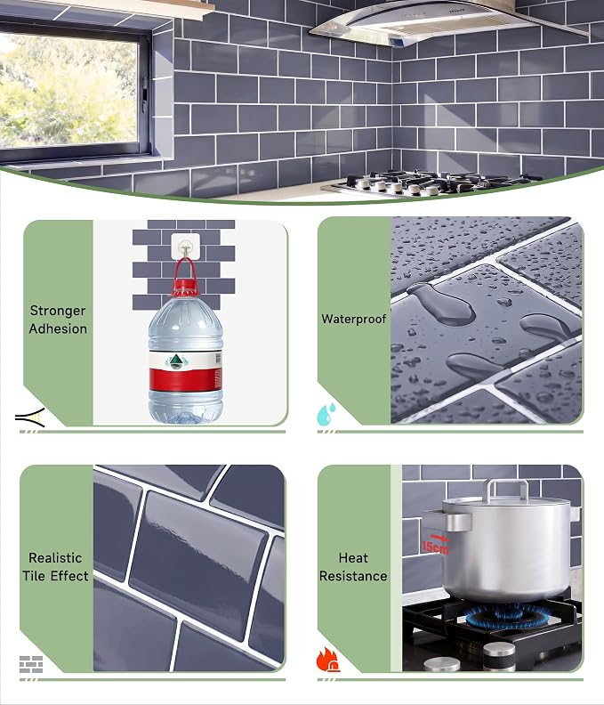 Peel and Stick Backsplash for Kitchen: Self Adhesive Wall Tiles for Bathroom - Vinyl Thick Back Splash Tile (10, Dark Gray)