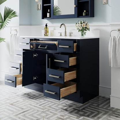 48-Inch Bathroom Vanity with Sink W/ 2 Doors & 8 Drawers & 1 Flip Drawer, Navy Blue Vanity W/Brushed Nickel Handles