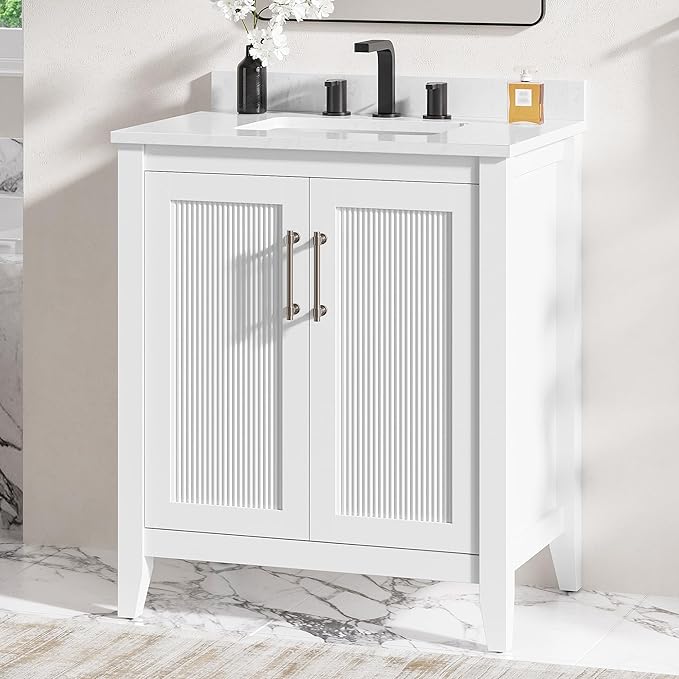 LIKIMIO 30" Bathroom Vanity with Sink, Freestanding Bathroom Vanity with 2 Soft-Close Doors, Engineered Stone Countertop with Undermount Ceramic Sink, Modern Stripe Design, Easy Assembly, White