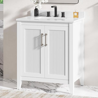 LIKIMIO 30" Bathroom Vanity with Sink, Freestanding Bathroom Vanity with 2 Soft-Close Doors, Engineered Stone Countertop with Undermount Ceramic Sink, Modern Stripe Design, Easy Assembly, White