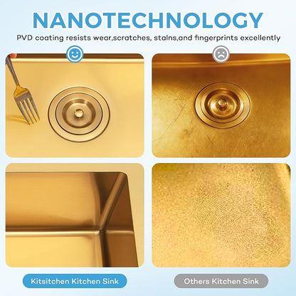 Kitsitchen Gold RV Kitchen Sink 25 x 16, Stainless Steel Single Bowl | 16 Gauge T304 Material Undermount Kitchen Sink, 7" Deep, with Strainer & Bottom Gird,for Outdoor, Bar, Laundry Room and RV