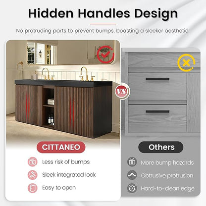 72" Bathroom Vanity with Double Sink, Freestanding Double Sink Bathroom Vanity with Black Engineered Stone Top, Open Storage Cabinet & Adjustable Shelf, 4 Soft-Closing Doors, Walnut