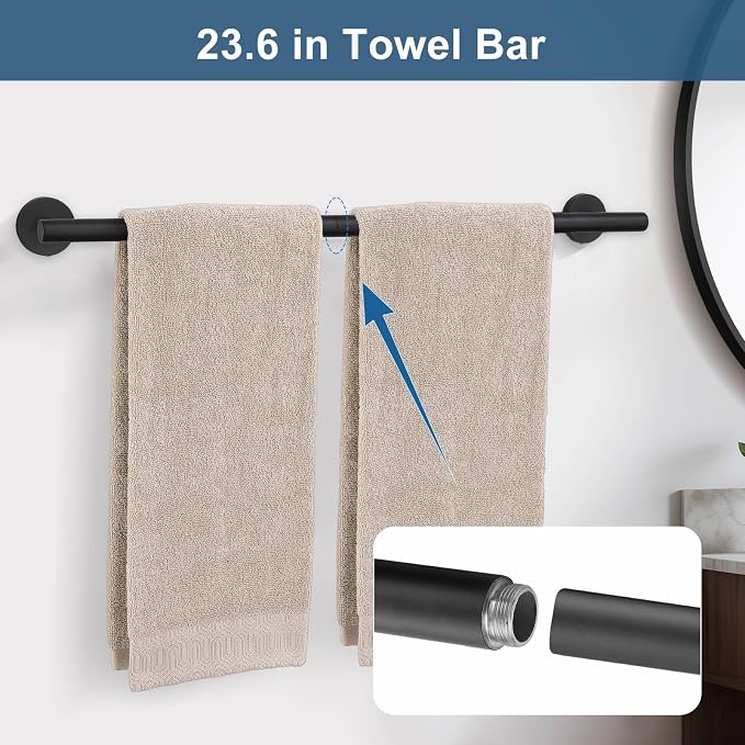 5 Pieces Matte Black Bathroom Hardware Accessories Set, Bathroom 23.6 Inch Towel Bar Set Stainless Steel Toilet Paper Holder Round Towel Racks for Bathroom Wall Mounted