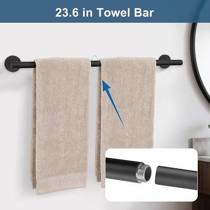 5 Pieces Matte Black Bathroom Hardware Accessories Set, Bathroom 23.6 Inch Towel Bar Set Stainless Steel Toilet Paper Holder Round Towel Racks for Bathroom Wall Mounted