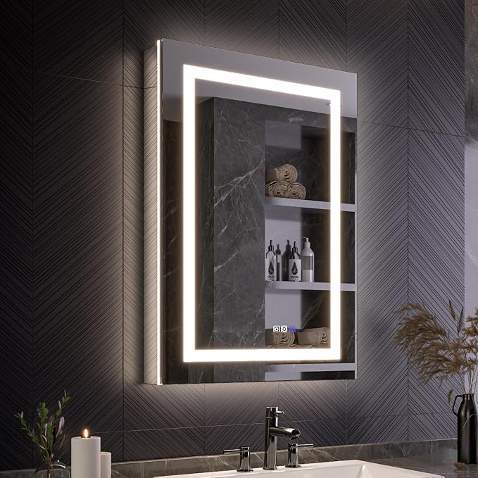 Smart LED Medicine Cabinet with Mirror, 24W×36H Inch Bathroom Storage Medicine Cabinet, 3 Color Stepless Dimming & Anti-Fog, 5X Magnifier, Night Light, DTC Soft-Close Left Hinges