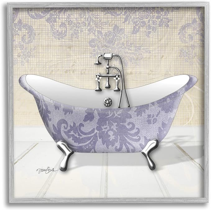 Stupell Industries Purple Damask Claw Foot Tub Bathroom, Design by Diane Stimson Gray Framed Wall Art, 12 x 12