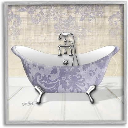 Stupell Industries Purple Damask Claw Foot Tub Bathroom, Design by Diane Stimson Gray Framed Wall Art, 12 x 12