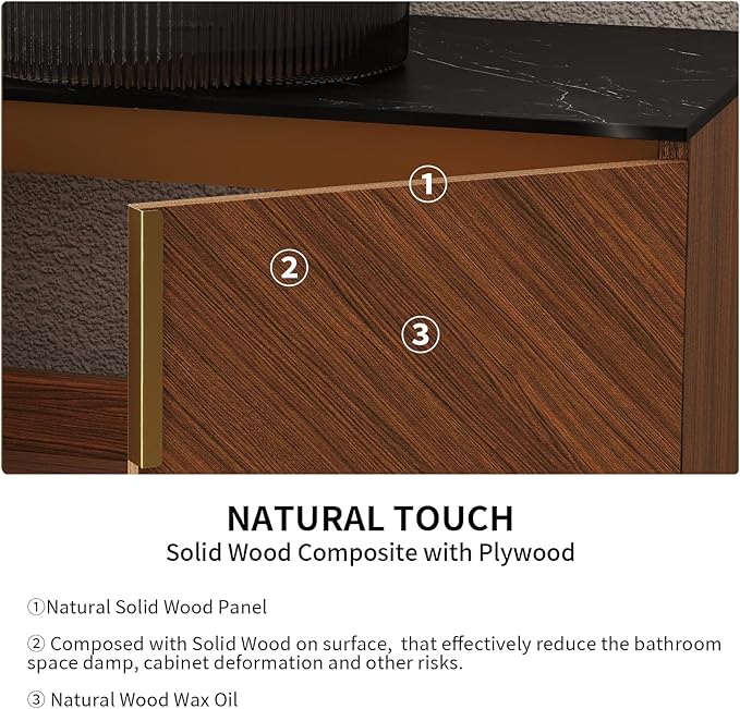 LKTART 36 Inch Bathroom Vanity with Sink, Modern Wall Mounted Bathroom Sink with 2 Doors, Black Sintered Stone Countertop and Black Round Glass Basin, Brown