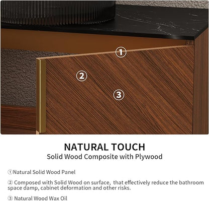 LKTART 36 Inch Bathroom Vanity with Sink, Modern Wall Mounted Bathroom Sink with 2 Doors, Black Sintered Stone Countertop and Black Round Glass Basin, Brown