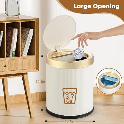 Automatic Bathroom Trash Can with Lid, Touchless Trashcan White Gold | 3.7 Gallon Motion Sensor Garbage Can, Cute Modern trash bin,Smart Waterproof Trash Bin for Bedroom, Office, Restroom,Outdoor