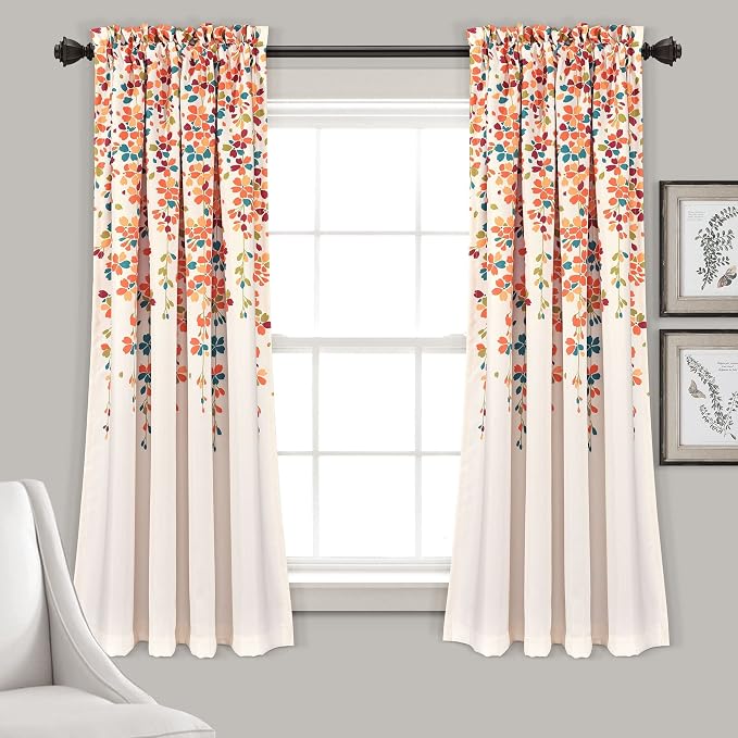 Lush Decor Weeping Flower Light Filtering Window Curtain Panels, Pair, 52"W x 63"L + 2" Header, Turquoise & Tangerine - Charming Modern Floral Curtains for Living Room, Dining Room, & Bedroom