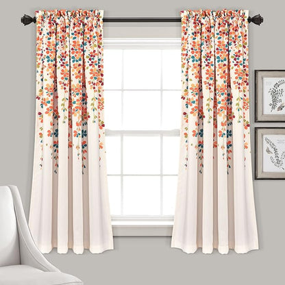 Lush Decor Weeping Flower Light Filtering Window Curtain Panels, Pair, 52"W x 63"L + 2" Header, Turquoise & Tangerine - Charming Modern Floral Curtains for Living Room, Dining Room, & Bedroom
